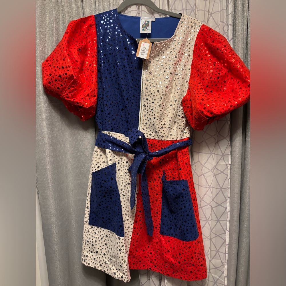 QUEEN OF SPARKLES Red, Blue & Cream Star Panel Mini Dress